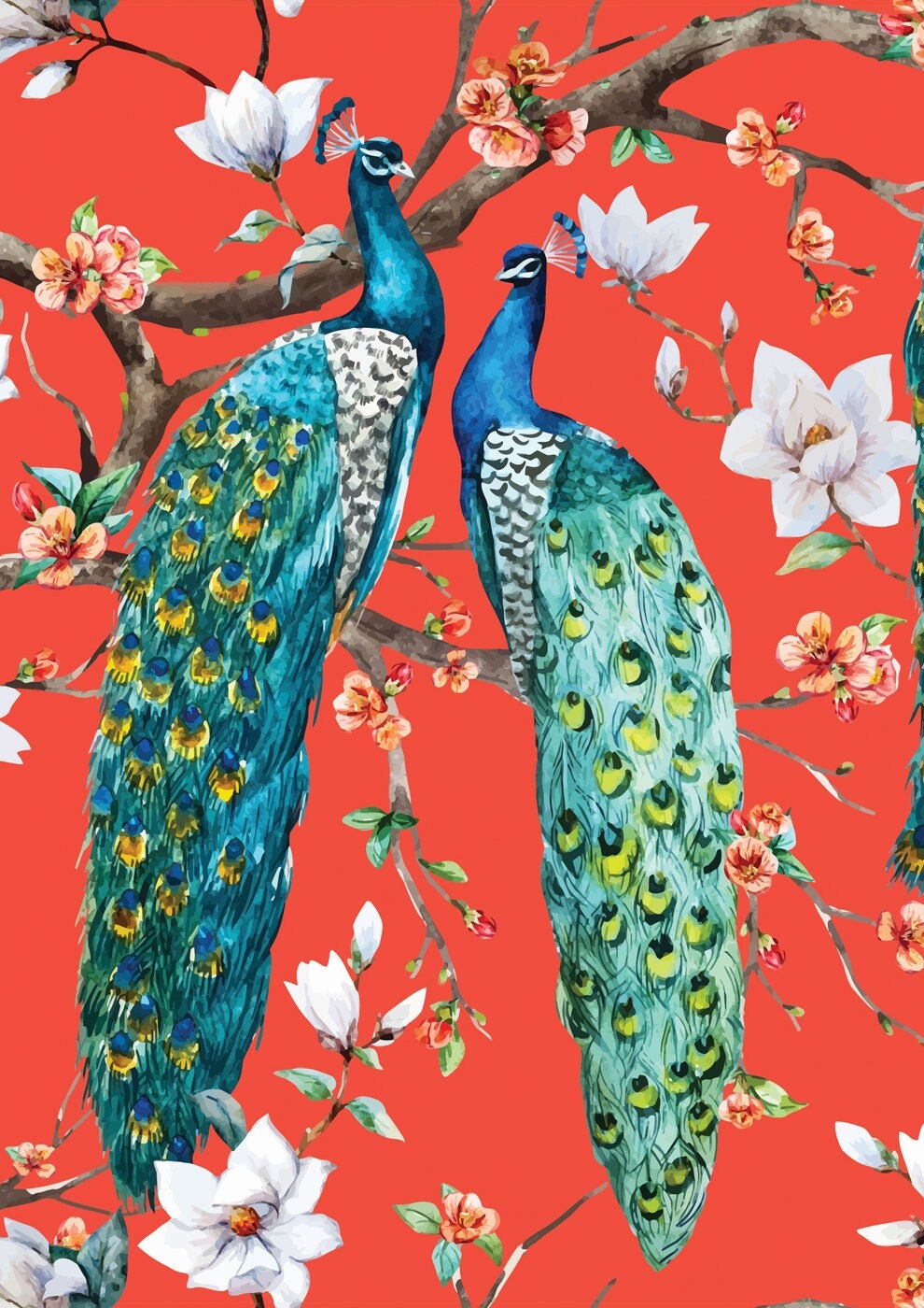 Coral Peacocks - A1 size large Decoupage Paper