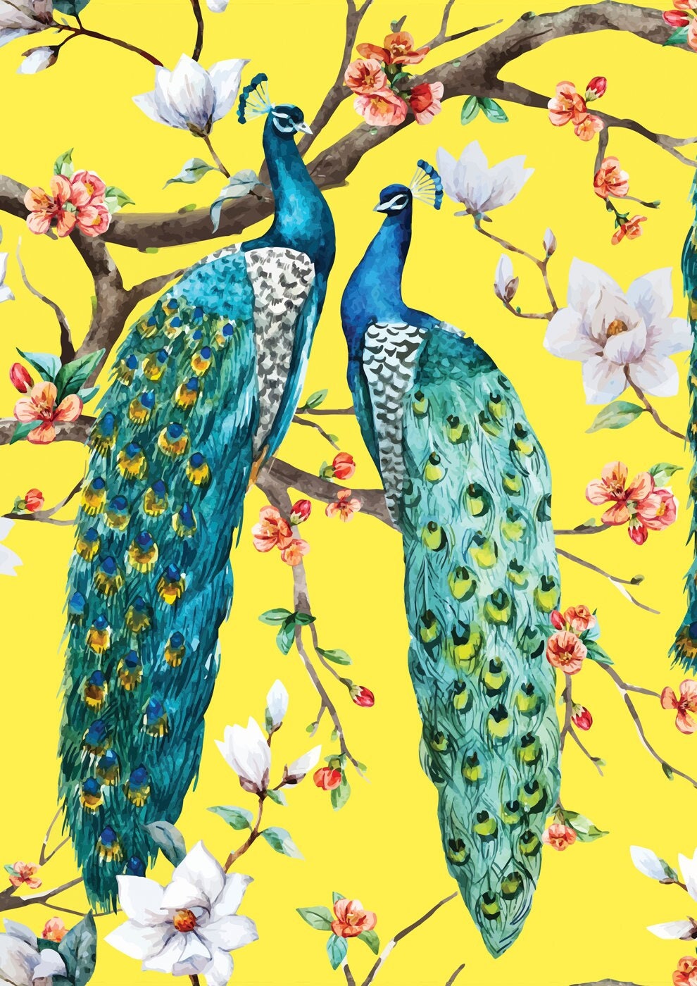 Yellow Peacocks - A1 size large Decoupage Paper